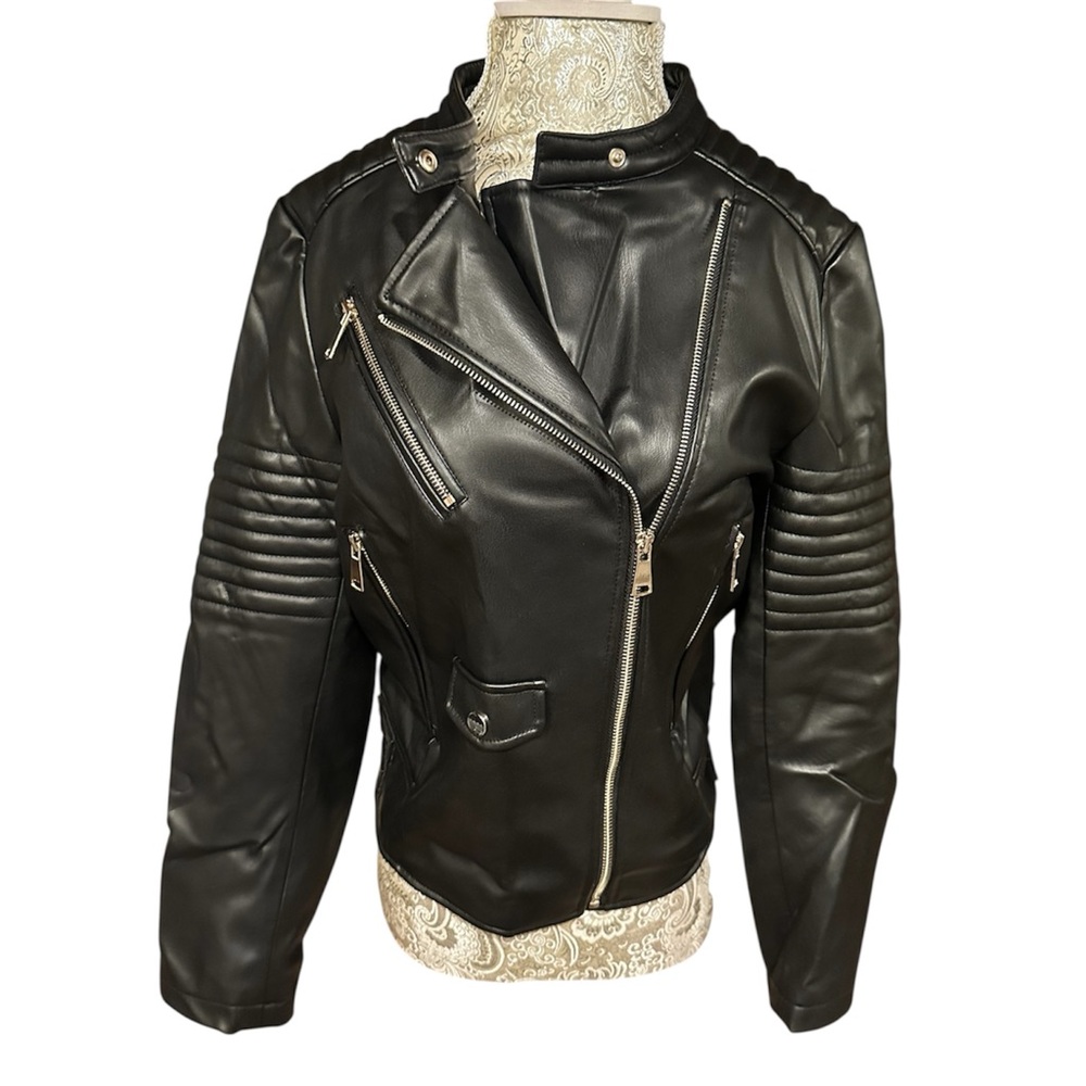 Zara Black Leather Moto Jacket Biker Festival Goth Grunge Rave Concert Size XL - Picture 3 of 9